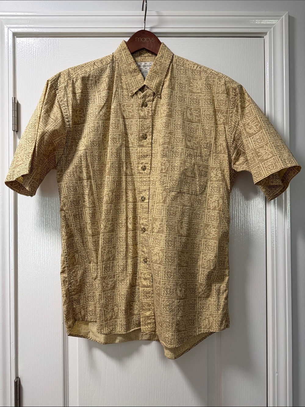 Vintage Classic Short-Sleeve Button-Down Shirt - Beige Print